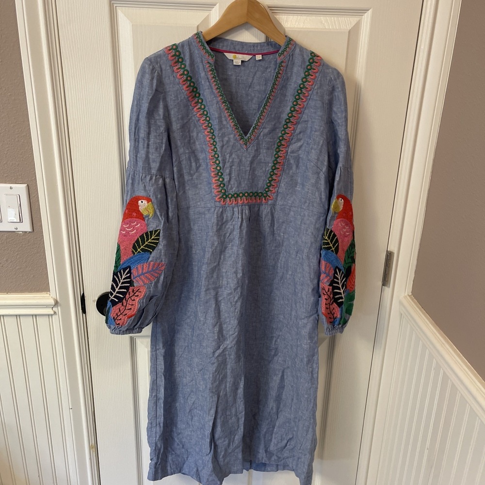 Boden Women's 8 Leonie Embroidered Long Sleeve Linen Midi Dress